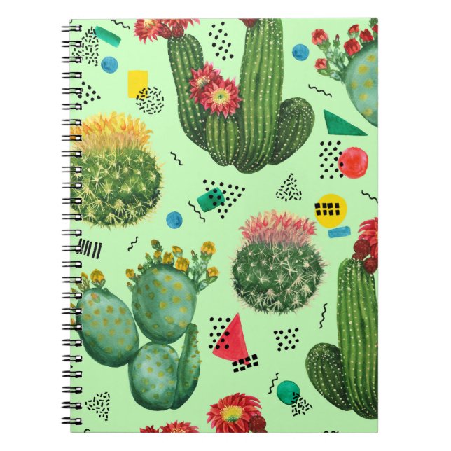 Cactus Flowers: Watercolor Geometric Background. Notebook (Front)