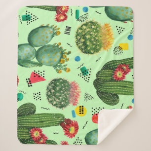 Cactus Flowers: Watercolor Geometric Background. Sherpa Blanket