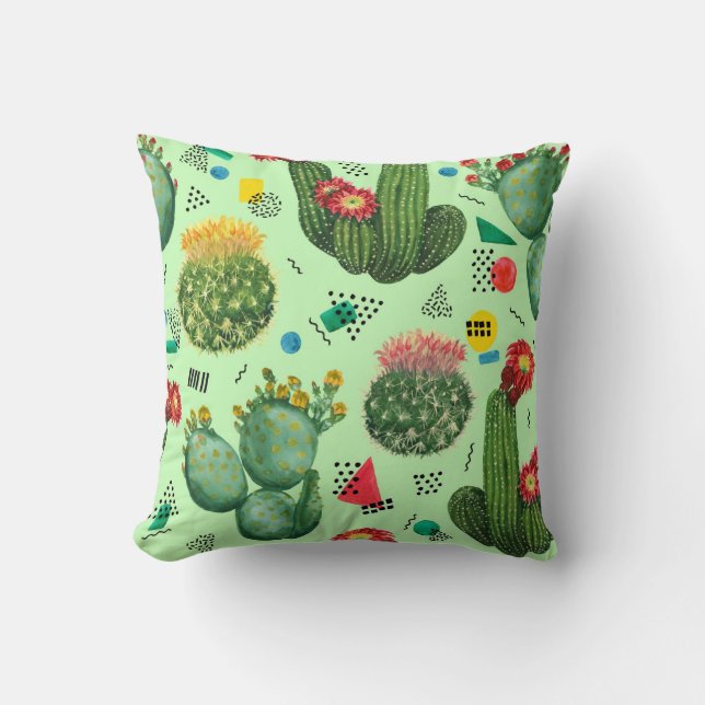 Cactus Flowers: Watercolor Geometric Background. Throw Pillow (Front)
