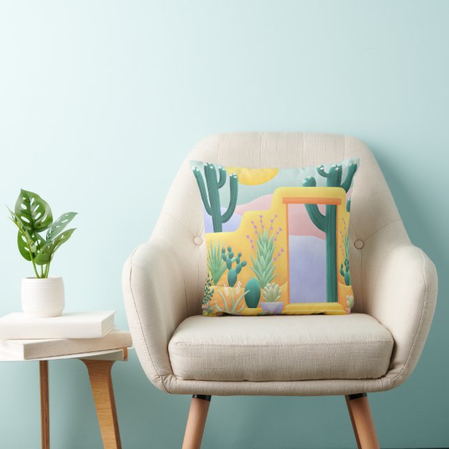 Cactus Garden Southwest Desert Landscape Drawing Throw Pillow (Chair)