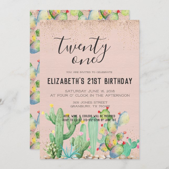 Cactus Garden Themed 21st Birthday Party Invitation (Front/Back)