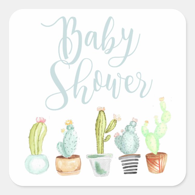Cactus Garden | Watercolor Baby Shower Square Sticker (Front)