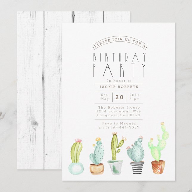 Cactus Garden | Watercolor Birthday Party Invite (Front/Back)