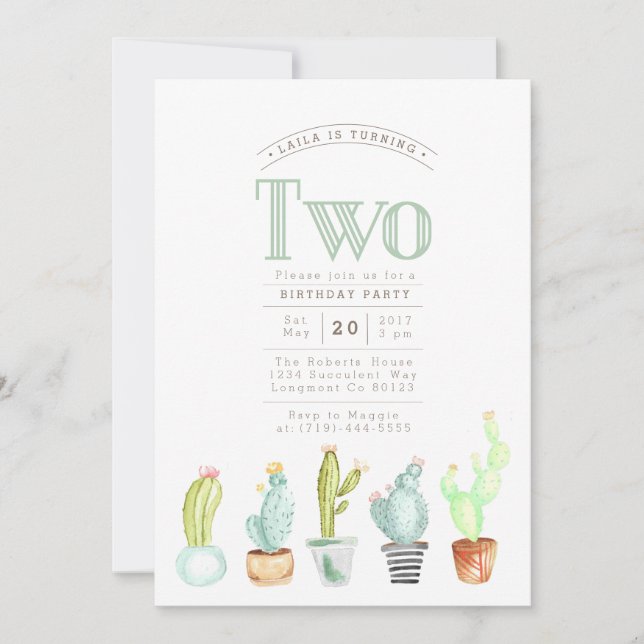 Cactus Garden | Watercolor First Birthday Invite (Front)
