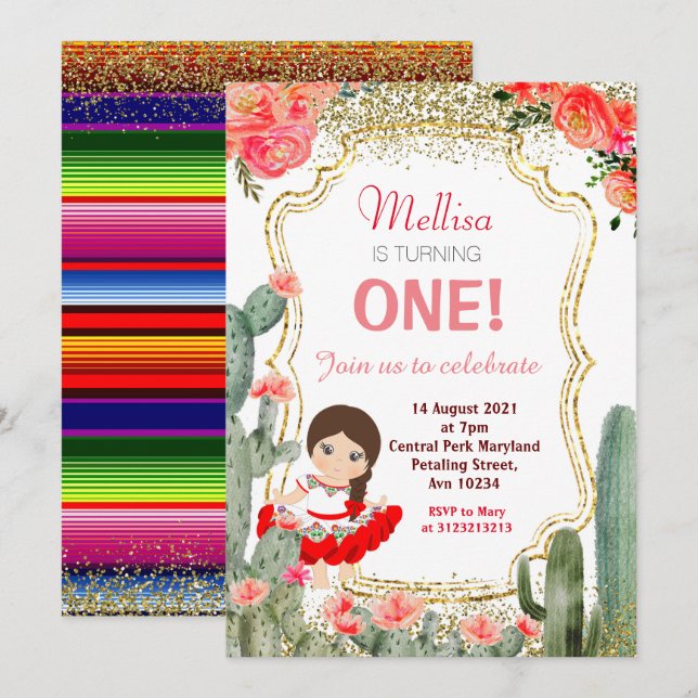 Cactus Girl Mexican Fiesta Birthday Party Invitation (Front/Back)