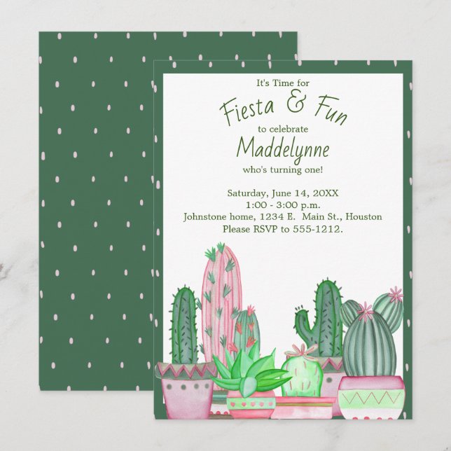 Cactus Green and Pink Birthday Invitation (Front/Back)