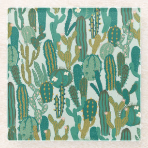 Cactus Green Repeated Vintage Texture Glass Coaster