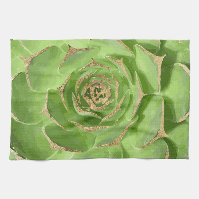 Cactus Green Succulent with Faux Gold Tips Kitchen Towel (Horizontal)