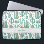 Cactus green white pattern monogram laptop sleeve<br><div class="desc">A chic white background decorated with a whimsical pattern of painted cactus, cacti and succulents and red and green hearts. For teen girls and women. Personalize and add your name. The name is written with a large modern hand lettered style script. Green coloured letters. To keep the swashes only delete...</div>