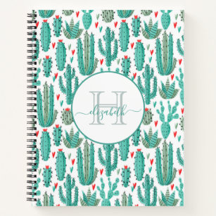 Cactus green white pattern monogram notebook