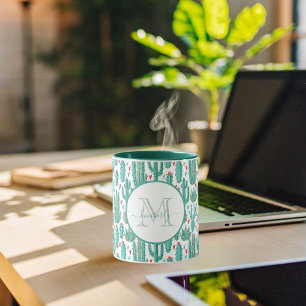 Cactus green white pattern monogrammed mug
