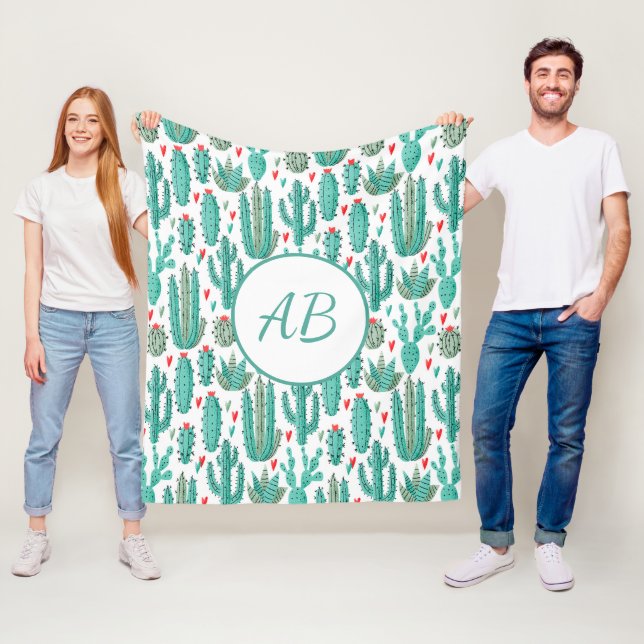 Cactus green white whimsical pattern monogram fleece blanket (In Situ)