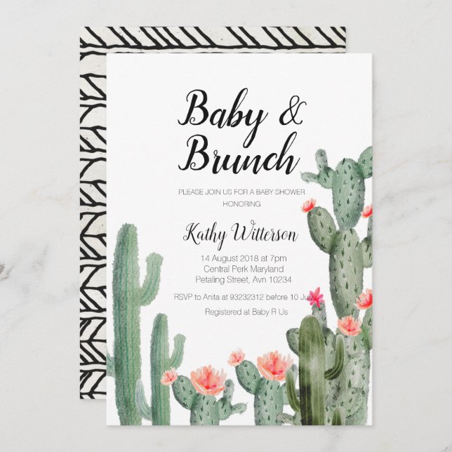 Cactus greenery baby brunch baby shower invitation (Front/Back)