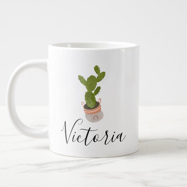 Cactus Hand Drawn Rainbow Pot Name Large Coffee Mug (Left)