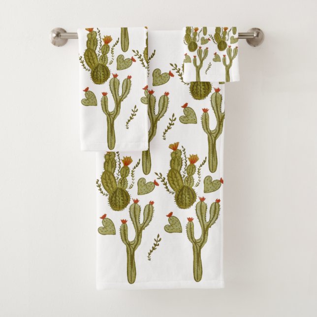 Cactus Hand Painted Watercolor Greenery Pattern Bath Towel Set (Insitu)