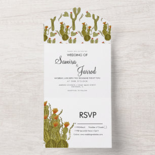Cactus Hearts Watercolor Hand Painted Wedding All In One Invitation