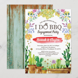 Cactus I do BBQ party invitation - rustic wood