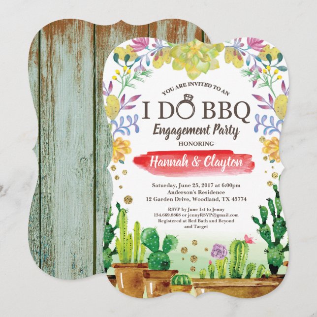 Cactus I do BBQ party invitation - rustic wood (Front/Back)