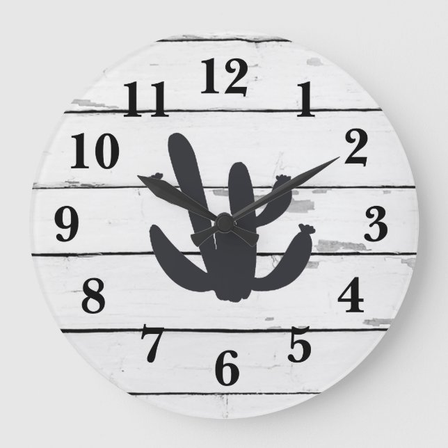 Cactus  Illustration Decor Rustic Shiplap Large Clock (Front)