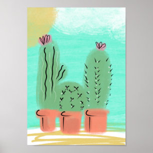 Cactus in Pots Sun Scenic Illustration Poster