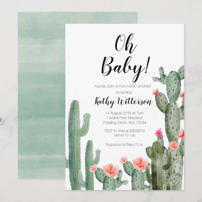 Cactus Invitation succulente oh baby shower (Devant / Derrière)