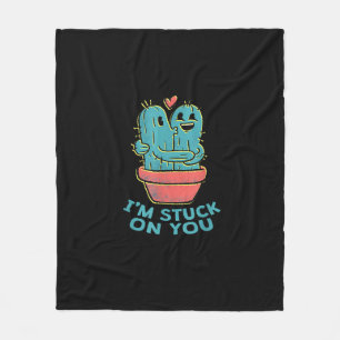 Cactus Joke Im Stuck On You Retro Succulent Couple Fleece Blanket