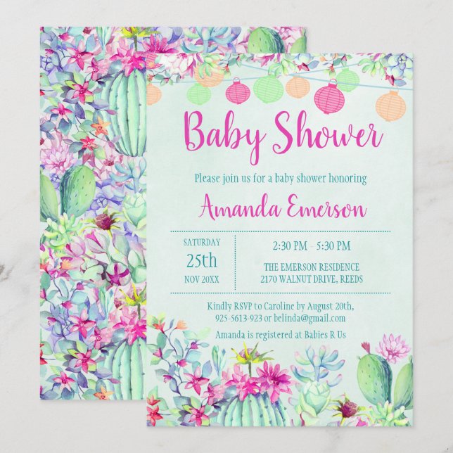 Cactus Lantern Fiesta Baby Shower Invitations (Devant / Derrière)
