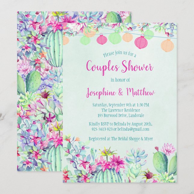 Cactus Lantern Fiesta Couples Invitations de douch (Devant / Derrière)
