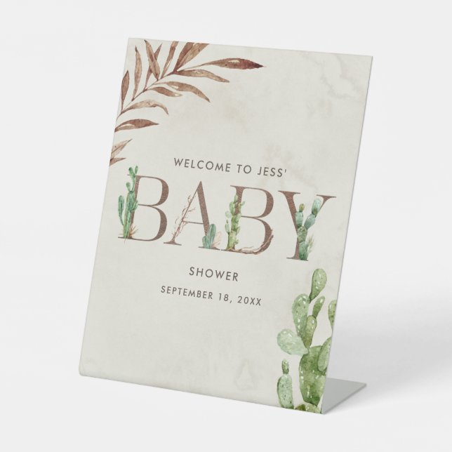 Cactus Leather Baby Shower Welcome Pedestal Sign (Front)