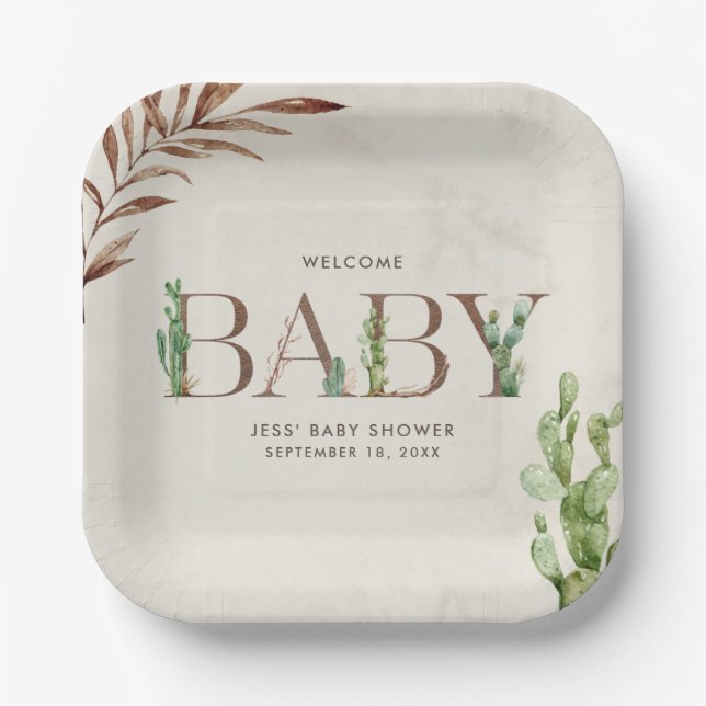 Cactus Leather Neutral Baby Shower  Paper Plate (Front)