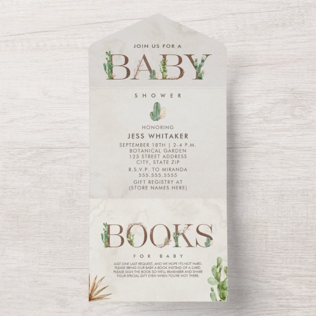 Cactus Lettering Book Request Baby Shower  All In One Invitation (Inside)