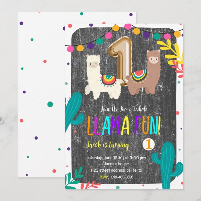 Cactus Llama Amusants 1er Anniversaire Invitation (Devant / Derrière)