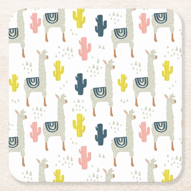 Cactus & Llamas Pattern Square Paper Coaster (Front)
