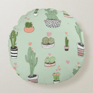 Cactus Love: Cute Cartoon Pattern. Round Pillow