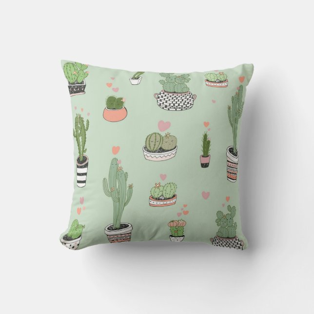 Cactus Love: Cute Cartoon Pattern. Throw Pillow (Front)