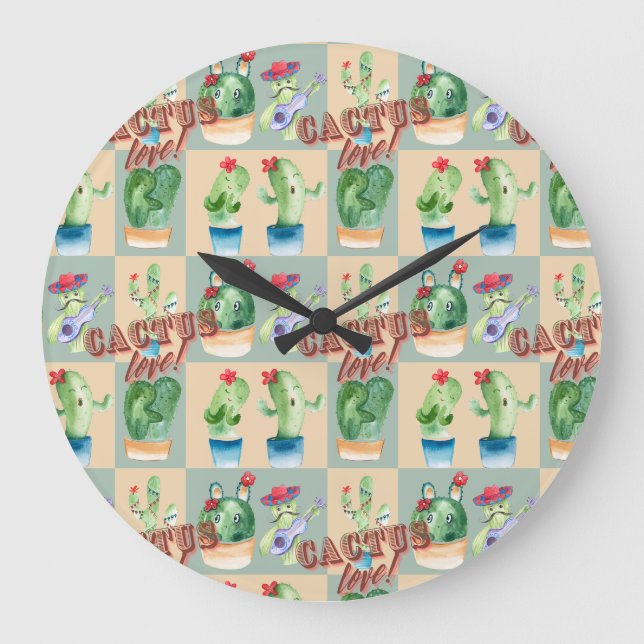 cactus love - watercolor pattern large clock (Front)