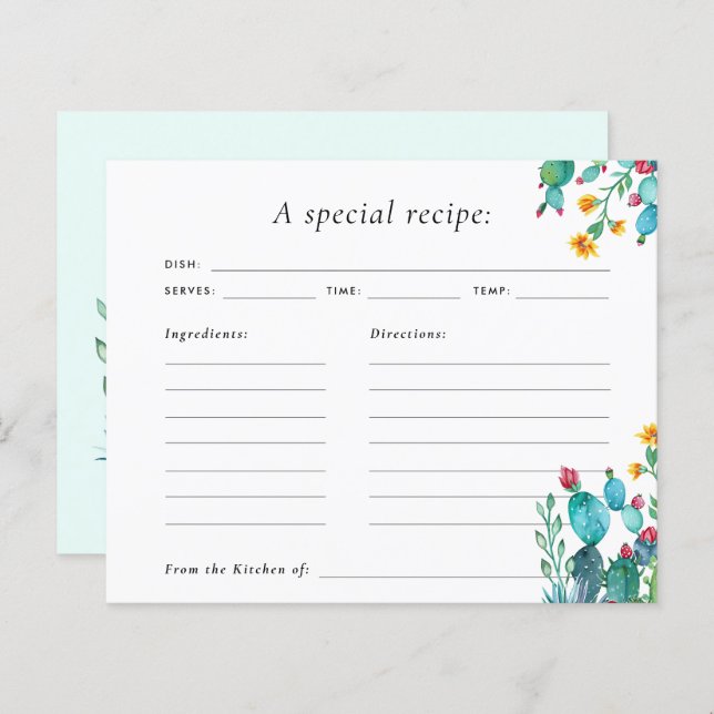 Cactus Mexican Fiesta Bridal Shower Recipe Card (Front/Back)