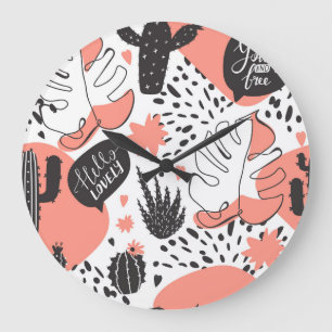 Cactus, monstera: modern seamless pattern. large clock