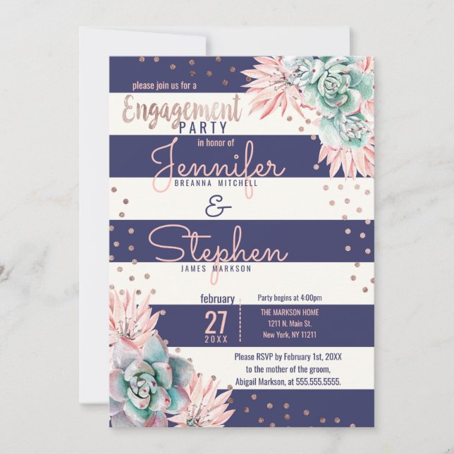 Cactus Navy Stripes Rose Gold Engagement Party Invitation (Front)