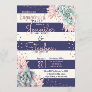 Cactus Navy Stripes Rose Gold Engagement Party Invitation