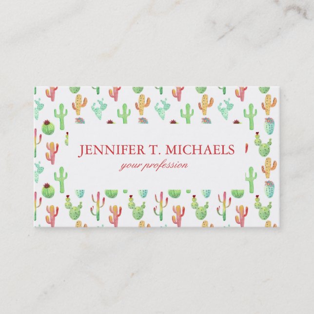 Cactus Pastel Watercolor Pattern Business Card (Front)