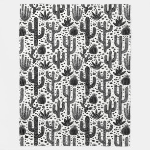 Cactus Pattern - Black and White Fleece Blanket