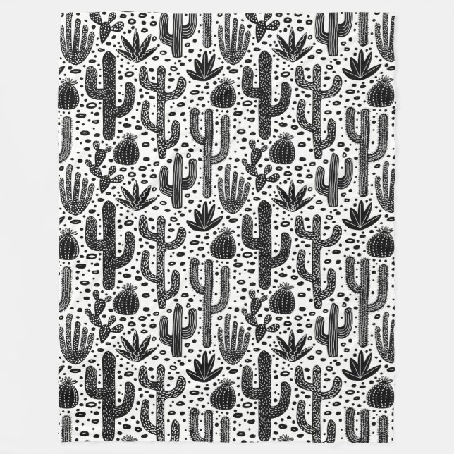 Cactus Pattern - Black and White Fleece Blanket (Front)