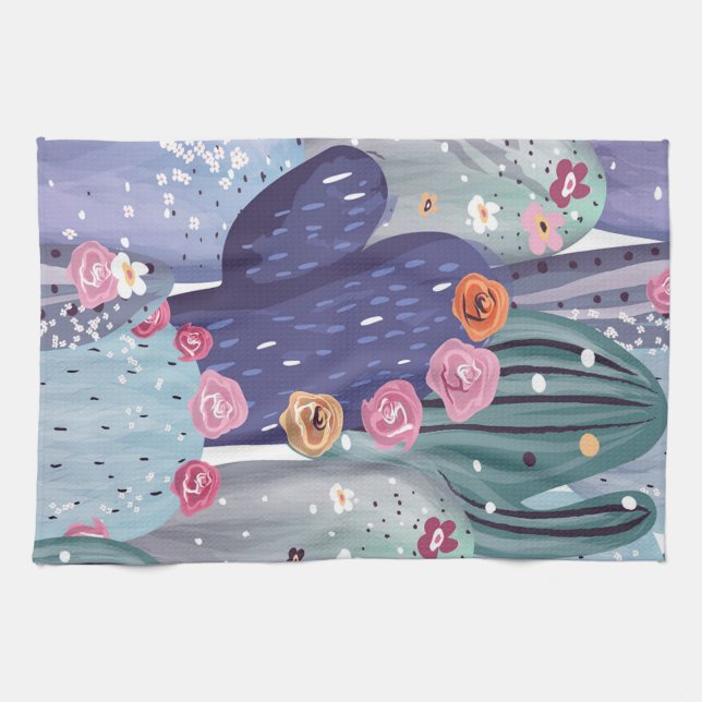 Cactus Pattern Colourful Watercolor Kitchen Towel (Horizontal)
