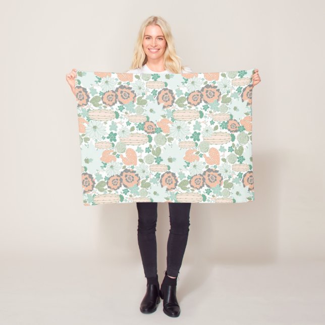 Cactus Pattern Cute Print Coral Mint Grey Green Fleece Blanket (In Situ)