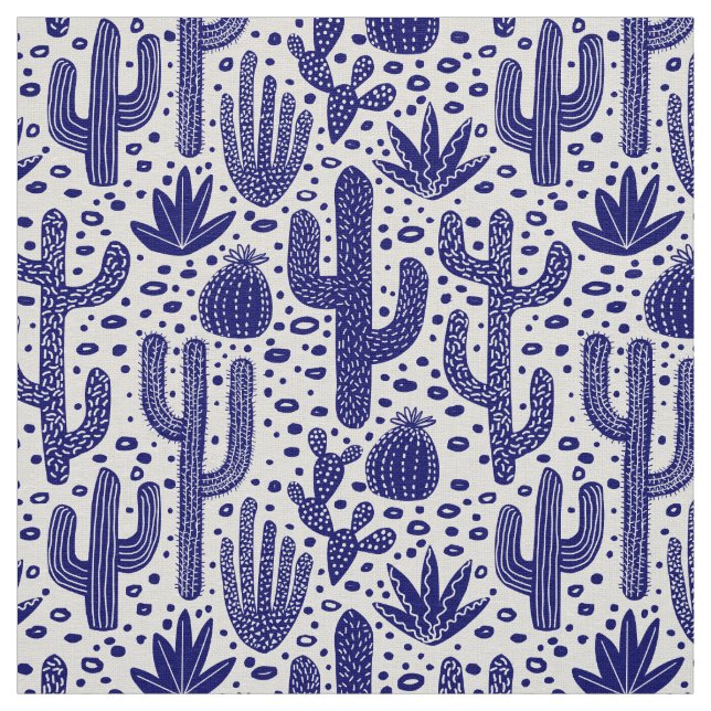 Cactus Pattern - Dark Blue and White Fabric (Swatch)