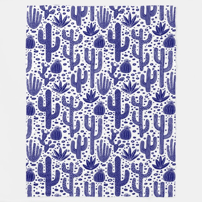 Cactus Pattern - Dark Blue and White Fleece Blanket (Front)