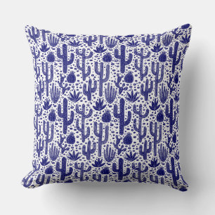 Cactus Pattern - Dark Blue and White Throw Pillow