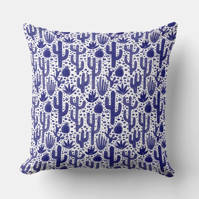 Cactus Pattern - Dark Blue and White Throw Pillow (Front)