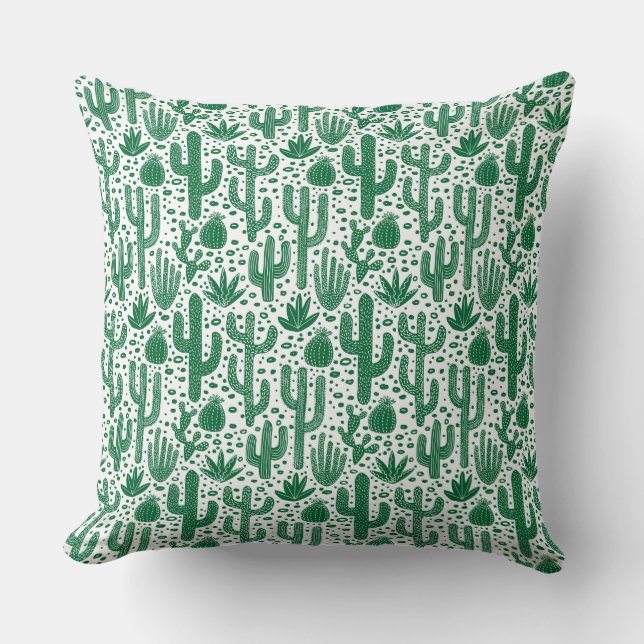 Cactus Pattern - Forest Green and White Throw Pillow (Front)